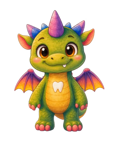 Dido, der kleine grüne Zahndrache mit genau einem sichtbaren Zahn, gelbem Bauch, weißem Zahnzeichen und kleinen bunten Flügeln